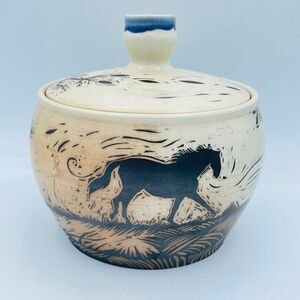 Handmade Stacey Stanhope Dundon Pottery Decorative Lidded Dish w Horse & Rooster